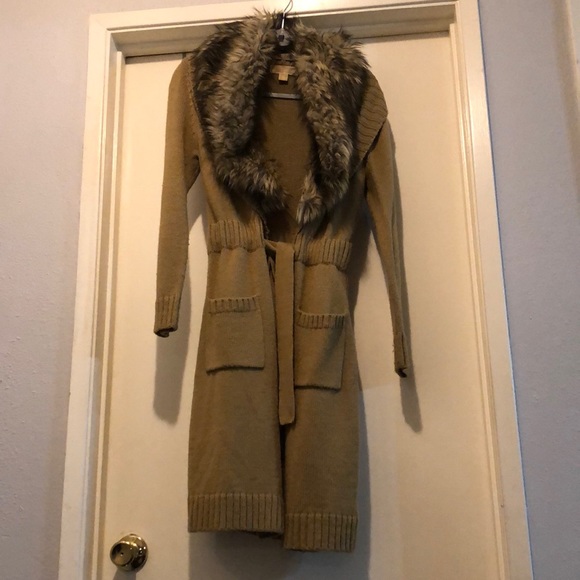 MICHAEL Michael Kors Sweaters - NWOT Michael Kors Brown Long Knit Cardigan with Faux Fur